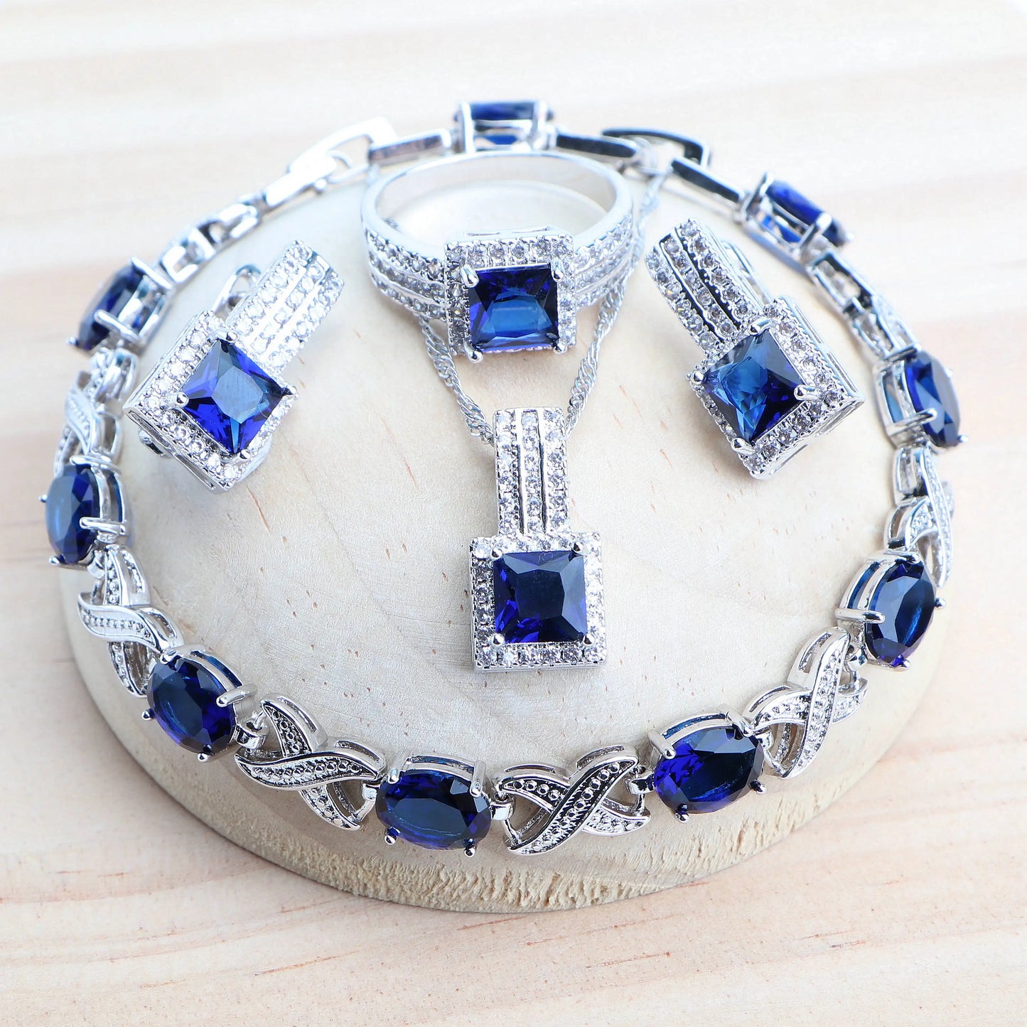 Women 925 Silver Bridal Fine Jewelry Sets Costume Ladies Wedding Jewellery Pendant Necklace Set Stones Earrings Rings Bracelets