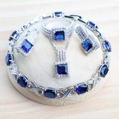 Women 925 Silver Bridal Fine Jewelry Sets Costume Ladies Wedding Jewellery Pendant Necklace Set Stones Earrings Rings Bracelets