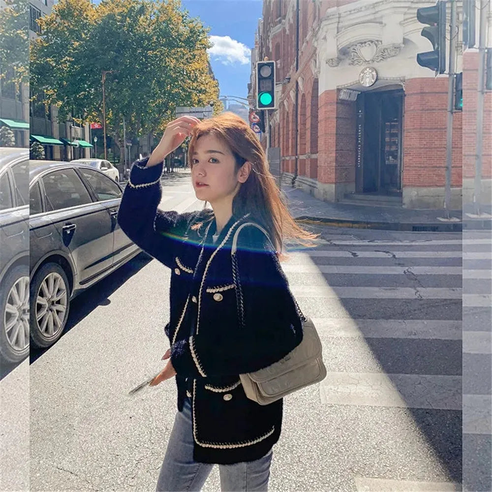 White Mink Cashmere Sweater Coat Women Autumn Winter Lazy Style Female Korean Retro Black Loose O Neck Knitted Cardigan Fashion