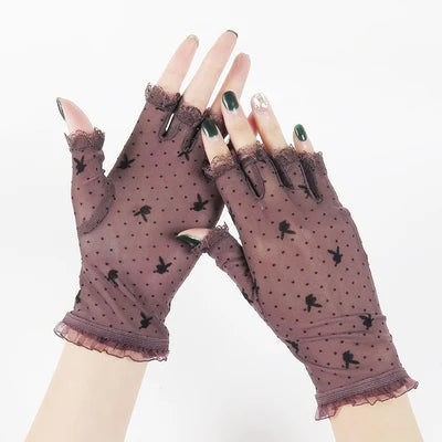 Summer Women Short Sunscreen Thin Ice Silk Driving Black Full Finger Sexy Lace Gloves UV Elasticity Rabbit Lace Cycling Slip D82