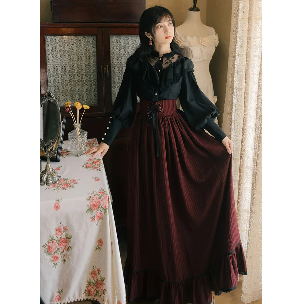 Gothic England Style Women Cosplay Palace Shirt Long Skirt Set Classic Black Lace Ruffle Shirt High Waist Bandage Skirts Femme