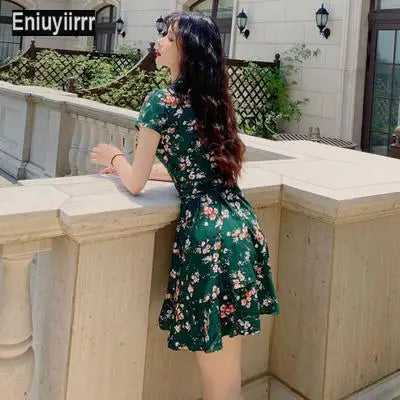 Green Floral Surplice Front Ruffle Hem Dress Women V Neck Short Sleeve Summer Boho High Waist Short A Line Dresses