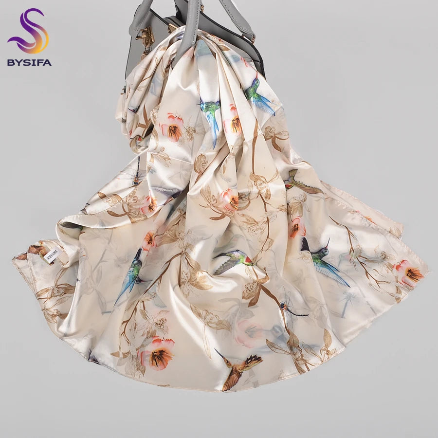[BYSIFA]  Green Blue Ladies Satin Long Silk Scarf Shawl New Fashion Brand Scarves Printed Spring Fall Female Head Scarf 160*70cm