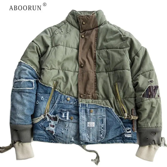 Winter Men's Streetwear Hole Patchwork Denim Jacket Thick Down Cotton Jean Coat for Male