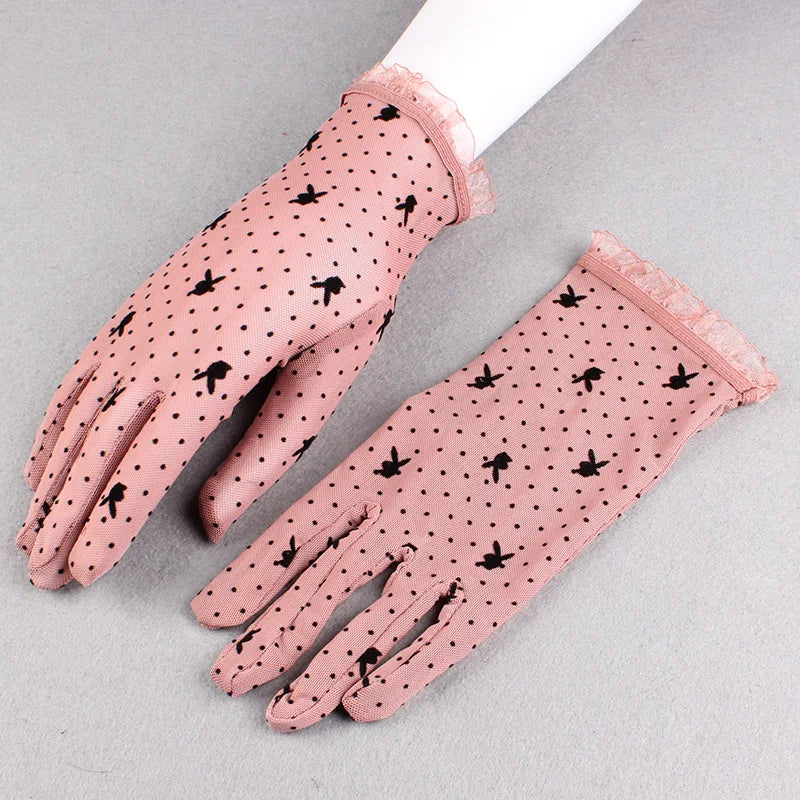 Summer Women Short Sunscreen Thin Ice Silk Driving Black Full Finger Sexy Lace Gloves UV Elasticity Rabbit Lace Cycling Slip D82