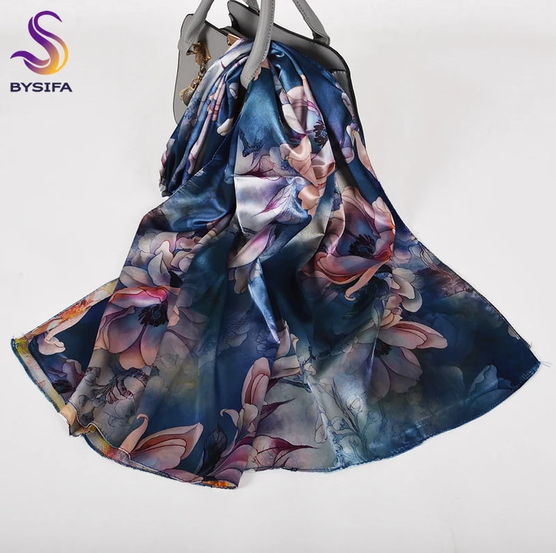 [BYSIFA]  Green Blue Ladies Satin Long Silk Scarf Shawl New Fashion Brand Scarves Printed Spring Fall Female Head Scarf 160*70cm