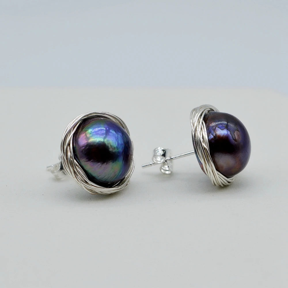Black Pearl Stud Earrings Natural Pearl Silver Stud Earrings Irregular Baroque Stud Earrings Handmade Women's Stud Earrings