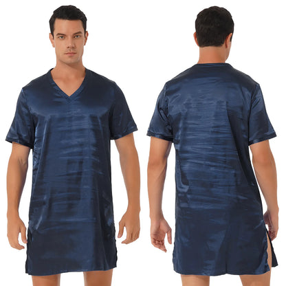 Mens Satin Sleepwear Tops Night Shirt Nightgown Pajamas Dress Short Sleeve Underwear Homewear Sides Split Sleep Tops Nightwear