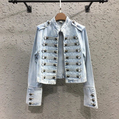 Retro military style handsome stand collar denim jackets female double-breasted old wild slim short denim jackets outerwear F368