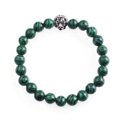 Silver Lion Head Gemstone Beads Stretch Bracelet for Women Men Handmade Crystal Beaded Elastic Healing Power Stone Jewelry