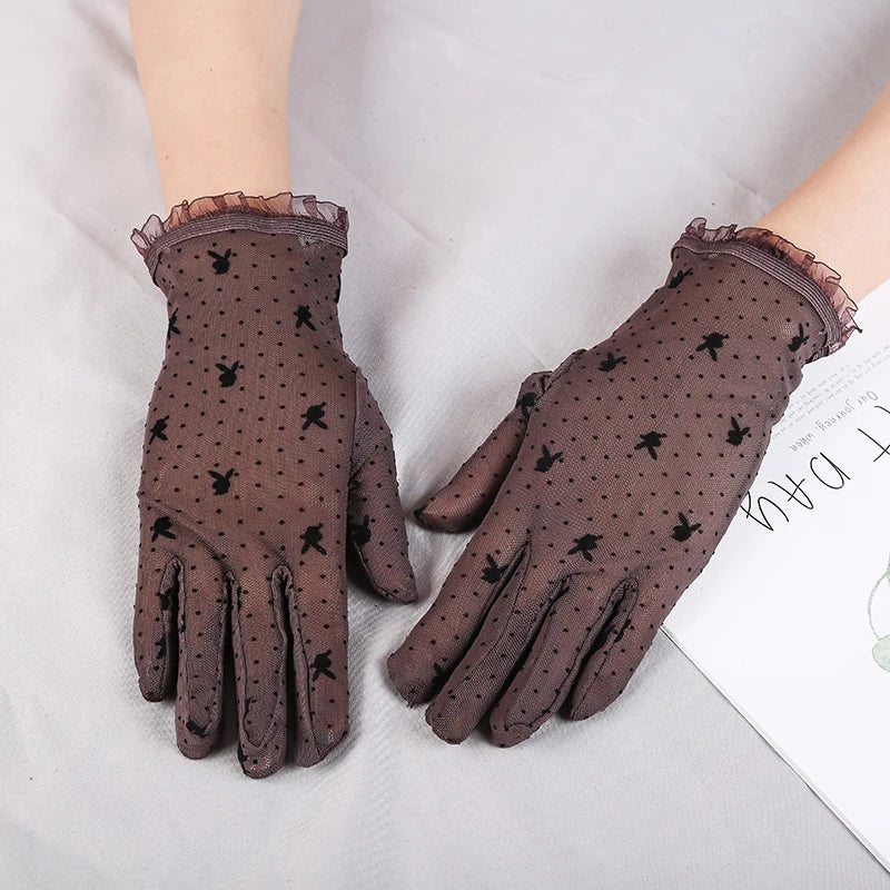 Summer Women Short Sunscreen Thin Ice Silk Driving Black Full Finger Sexy Lace Gloves UV Elasticity Rabbit Lace Cycling Slip D82