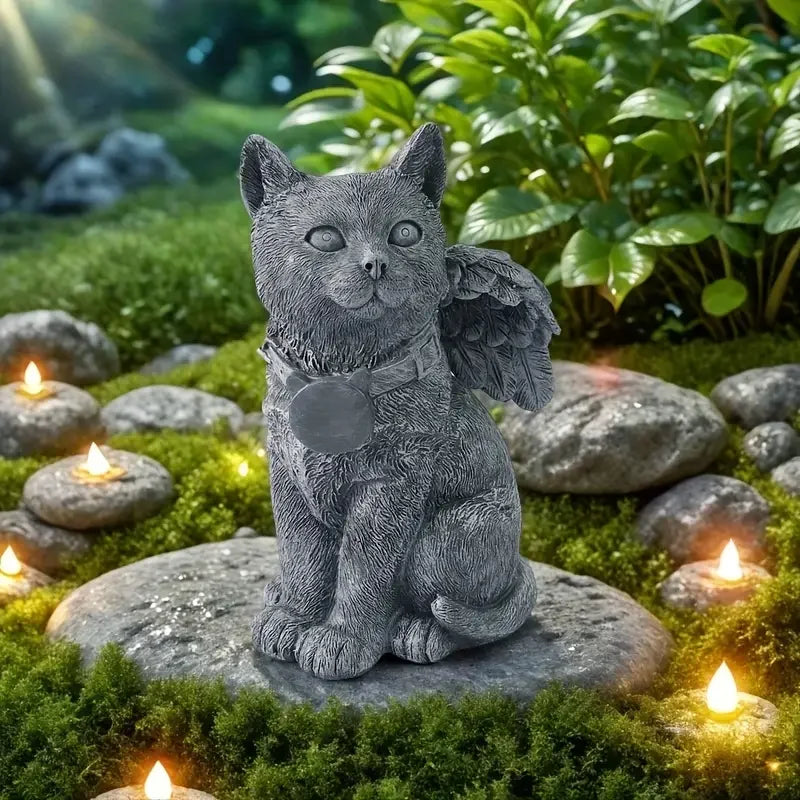 Handcrafted Solar-Powered Cat Angel Grave Marker - Durable Resin Outdoor Memorial Statue with Gray Patina