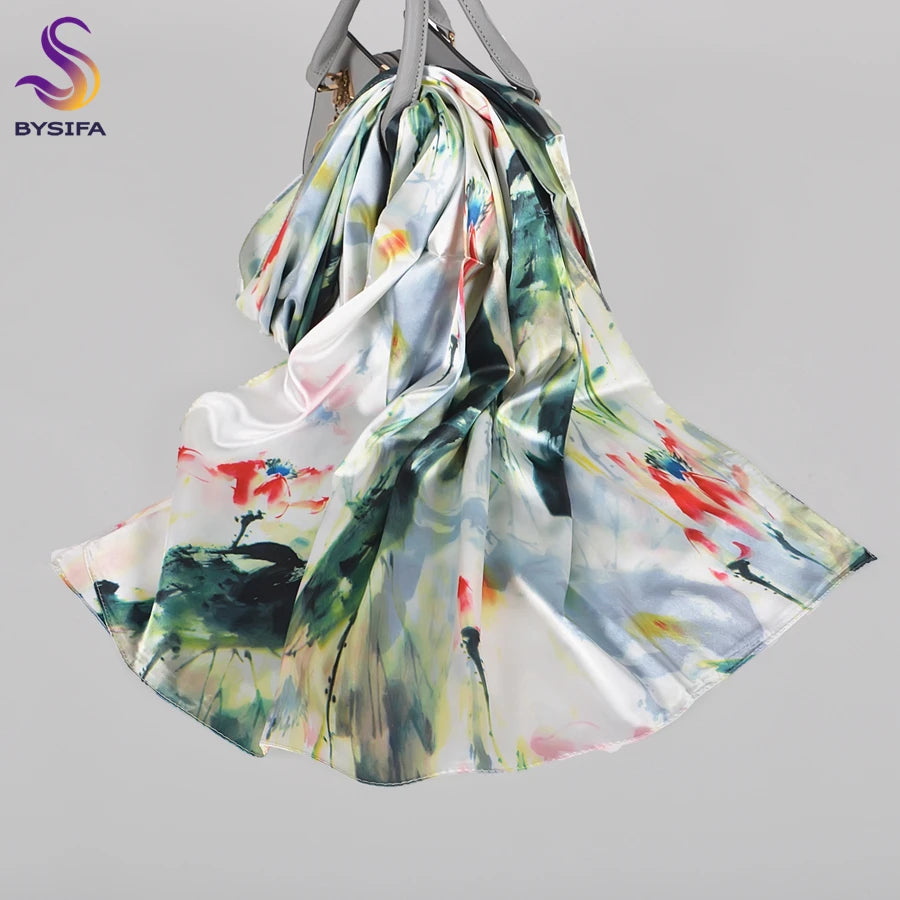 [BYSIFA]  Green Blue Ladies Satin Long Silk Scarf Shawl New Fashion Brand Scarves Printed Spring Fall Female Head Scarf 160*70cm
