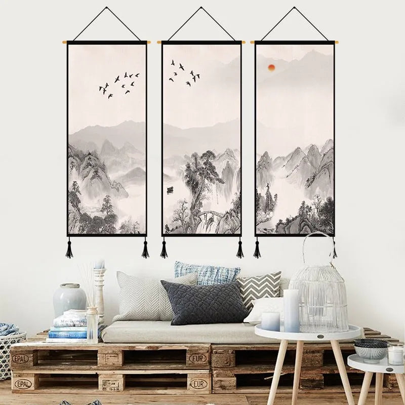 Chinese Landscape Decorative Painting Living Room Tapestry Wall Art Home Decor Canvas Poster Background Scroll Wall Paintings