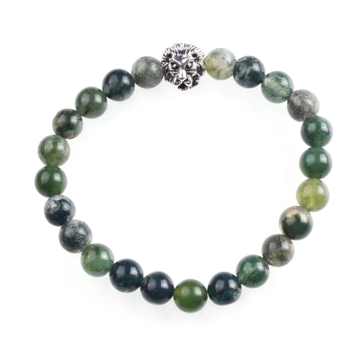Silver Lion Head Gemstone Beads Stretch Bracelet for Women Men Handmade Crystal Beaded Elastic Healing Power Stone Jewelry