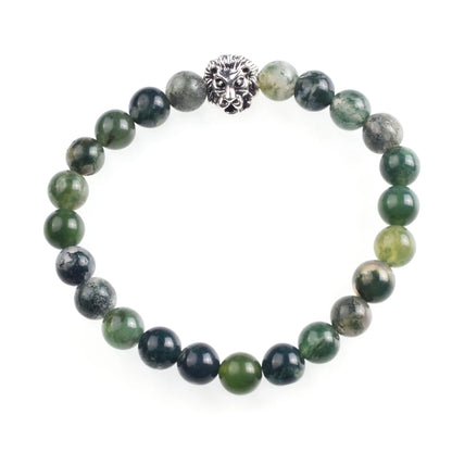 Silver Lion Head Gemstone Beads Stretch Bracelet for Women Men Handmade Crystal Beaded Elastic Healing Power Stone Jewelry