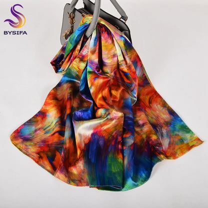 [BYSIFA]  Green Blue Ladies Satin Long Silk Scarf Shawl New Fashion Brand Scarves Printed Spring Fall Female Head Scarf 160*70cm