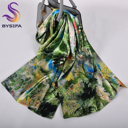 [BYSIFA]  Green Blue Ladies Satin Long Silk Scarf Shawl New Fashion Brand Scarves Printed Spring Fall Female Head Scarf 160*70cm