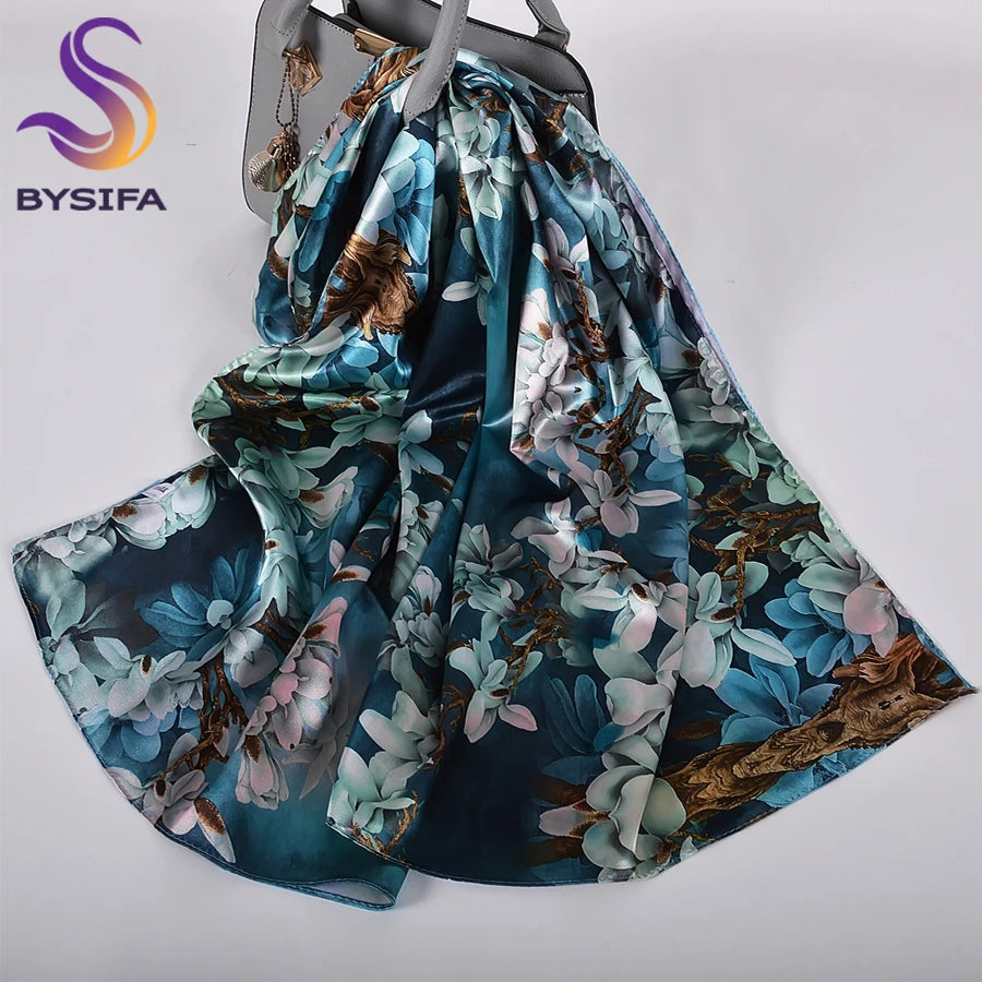 [BYSIFA]  Green Blue Ladies Satin Long Silk Scarf Shawl New Fashion Brand Scarves Printed Spring Fall Female Head Scarf 160*70cm