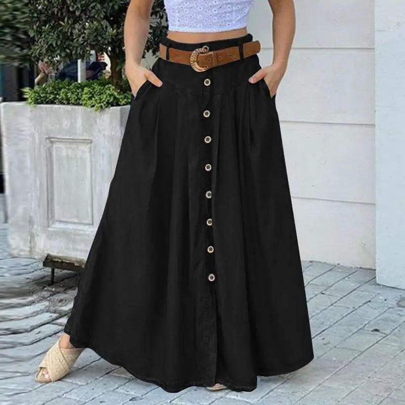 Stylish Women's Skirts Spring High Wasit Solid Long Skirt ZANZEA Casual Buttons Down Faldas Saia Elegant Party Skirts Jupe  7