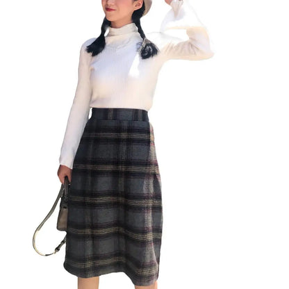 Korean Fashion Casual Women Autumn Winter Vintage Blue/Gray Plaid High Waist Warm Faux Woolen A-line Skirt  S-2XL