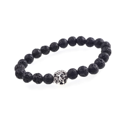 Silver Lion Head Gemstone Beads Stretch Bracelet for Women Men Handmade Crystal Beaded Elastic Healing Power Stone Jewelry