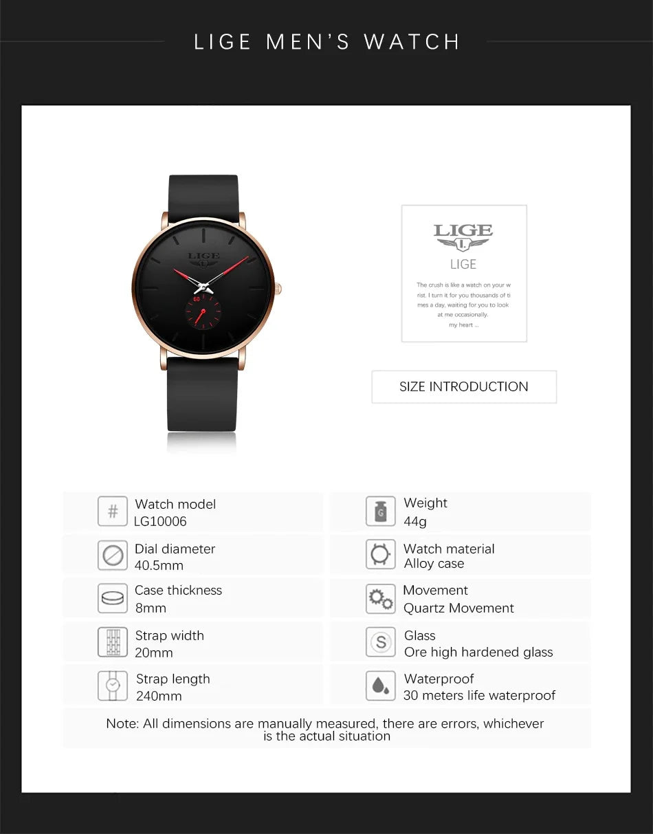 LIGE  LG10006 40mm Fashion Simple Watch for Men Women Analog Quartz Wrist Watches Silicone Waterproof Watches Sports Watches