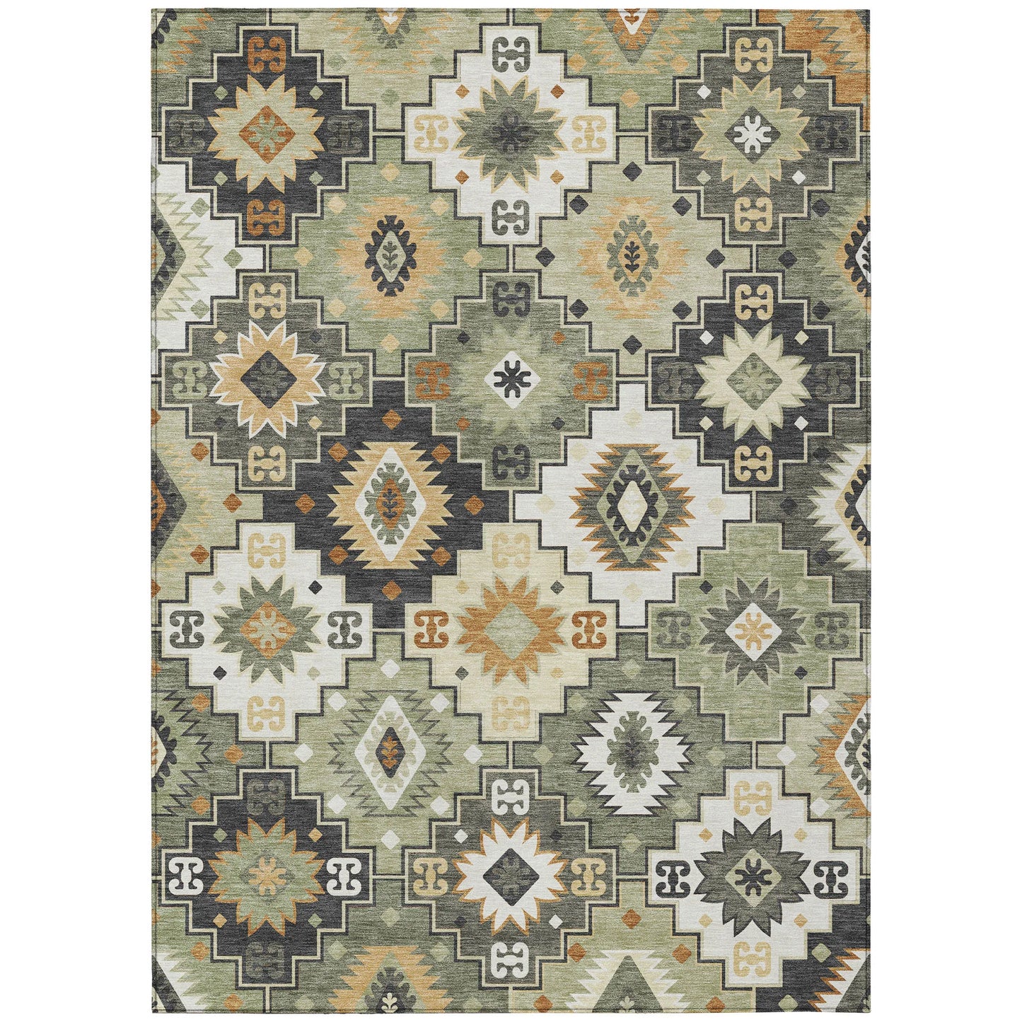 HMS 8' X 10' Southwestern Indoor Outdoor Area Rug Fern Green Gold and Charcoal Washable