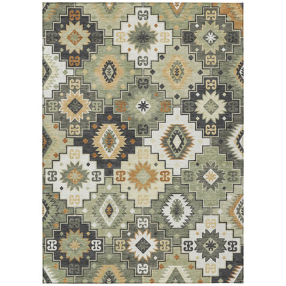 HMS 8' X 10' Southwestern Indoor Outdoor Area Rug Fern Green Gold and Charcoal Washable