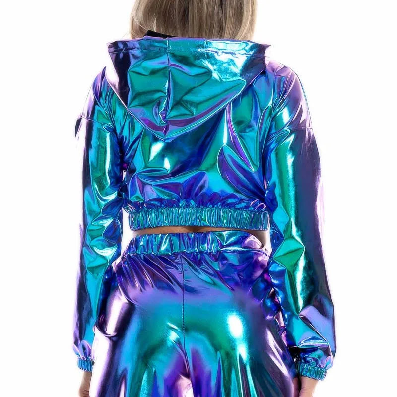 Sexy Cropped Holographic Hoodies Women Shiny PU Metallic Hoody Long Sleeve Short Sweatshirt with Drawstring Pullovers Streetwear