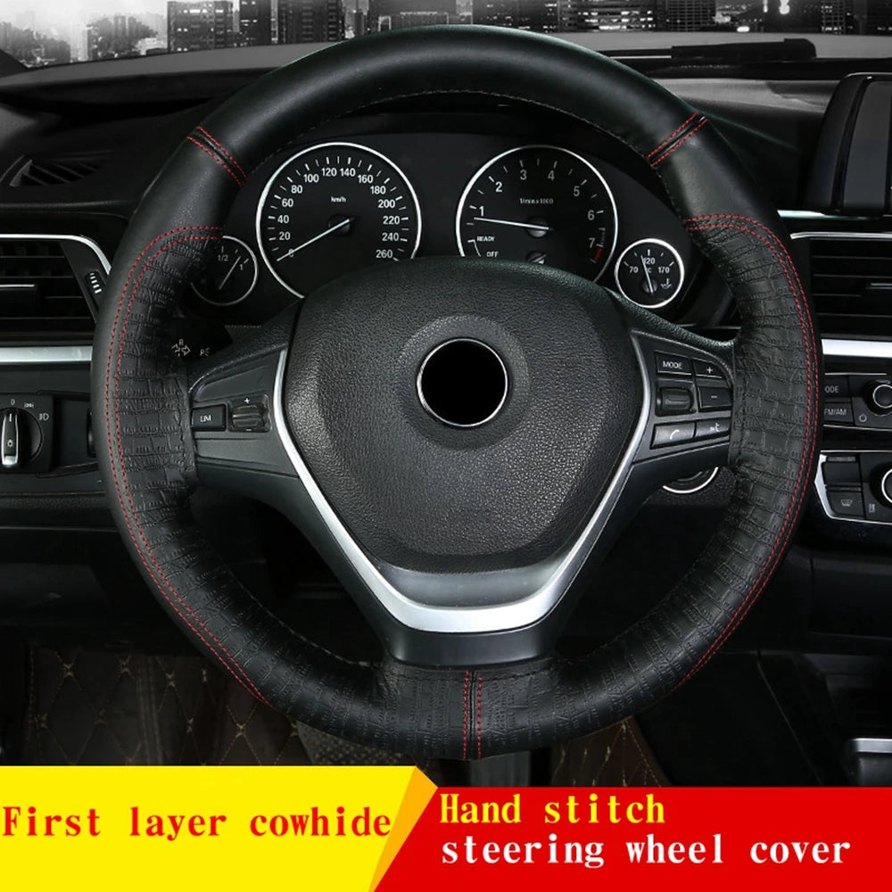 Steering Wheel Cover Non-slip Breathable Cover On Wrap Cowhide Leather Handmade Universal Accessories  With Needle/Thread Kit