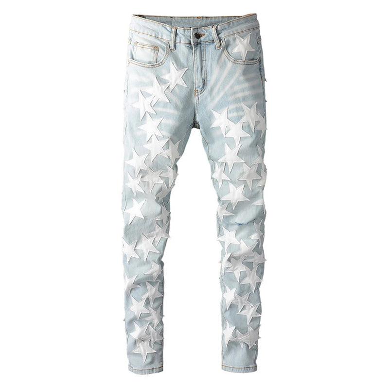 Men's Leather Stars Patches Design Jeans Streetwear Patchwork Ripped Stretch Denim Pants Slim Skinny Pencil Trousers