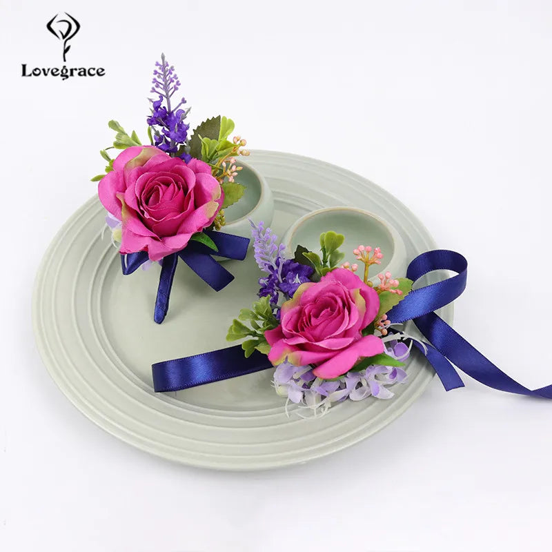Lovegrace Wedding Rose Flower Boutonniere Rose Red Buttonhole Bridesmaid Wrist Corsage Bracelet Silk Flower Marriage Boutonniere