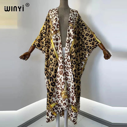 2021 WINYI new Cotton Bikini Sweet Lady Pink Boho Print Self Belted Front Open Long Kimono Dress Beach Tunic Women Wrap Dresses