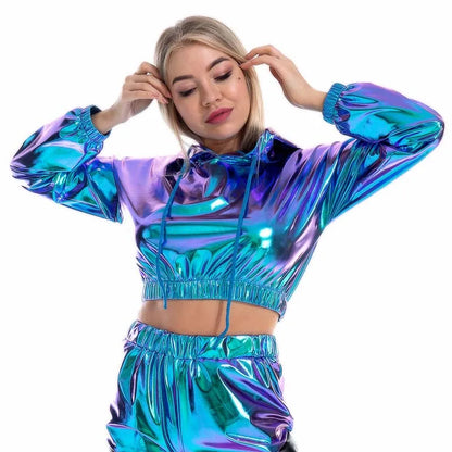 Sexy Cropped Holographic Hoodies Women Shiny PU Metallic Hoody Long Sleeve Short Sweatshirt with Drawstring Pullovers Streetwear