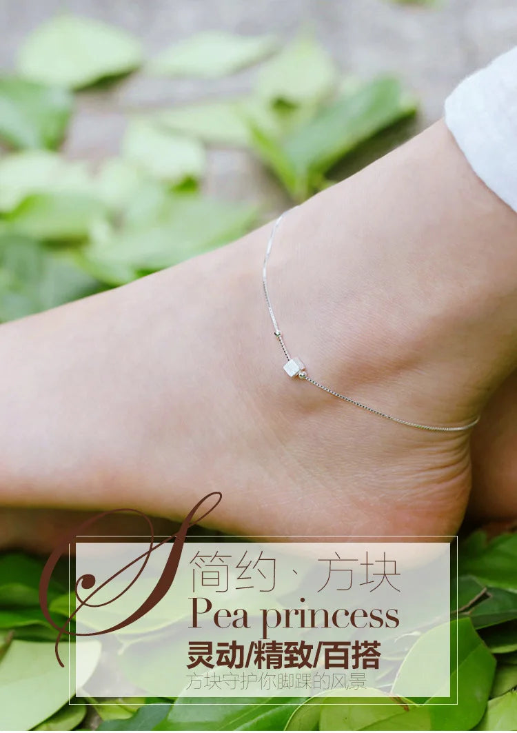 New Fashion Foot Anklet 925 Sterling Ladies Silver Anklets Bracelet Chain For Women Square Pendant Foot Pulseras Jewelry