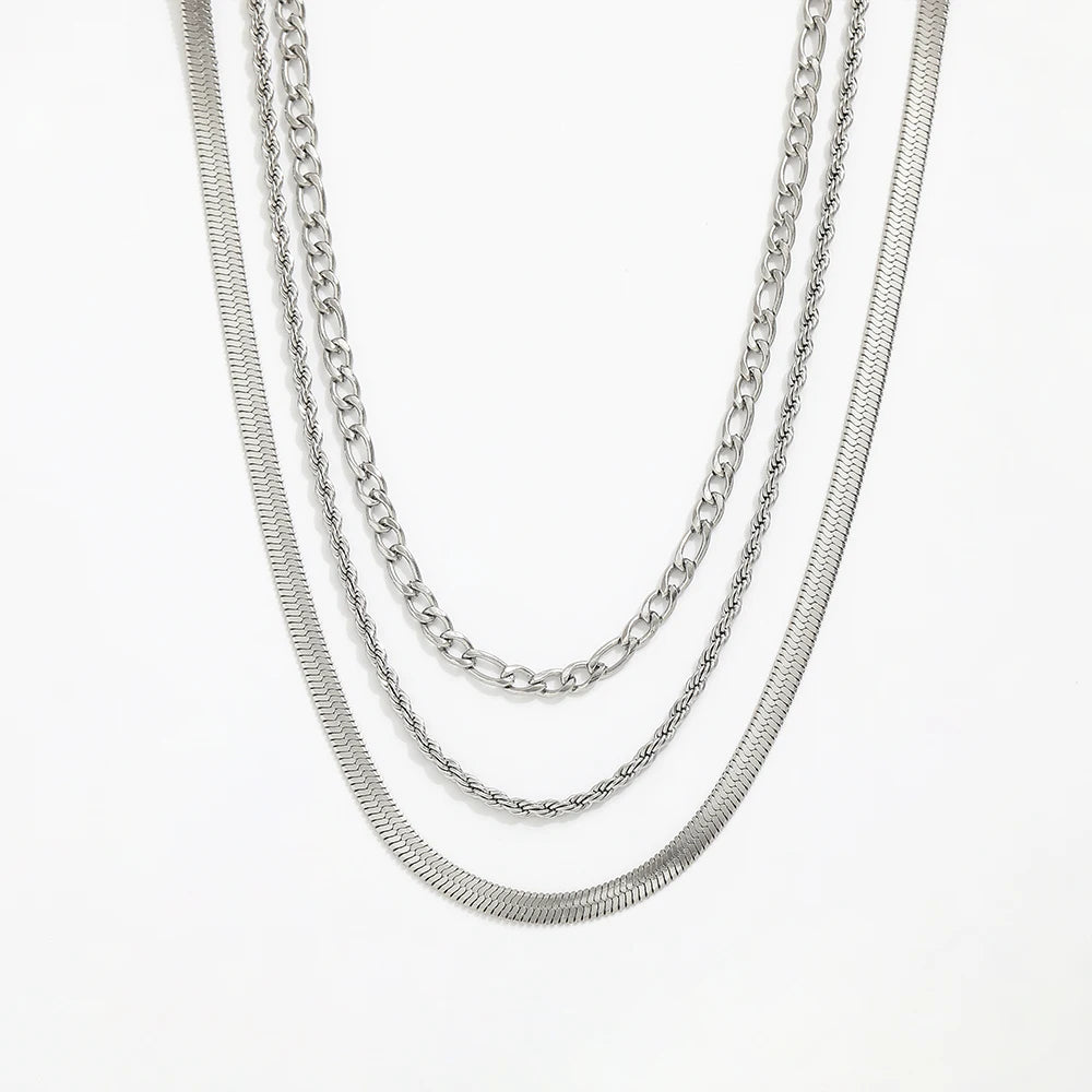 Joolim Jewelry Gold Plated Figaro Chain Rope Chain Snake Chain Three Layer Necklace Stainless Steel Jewelry Wholesale