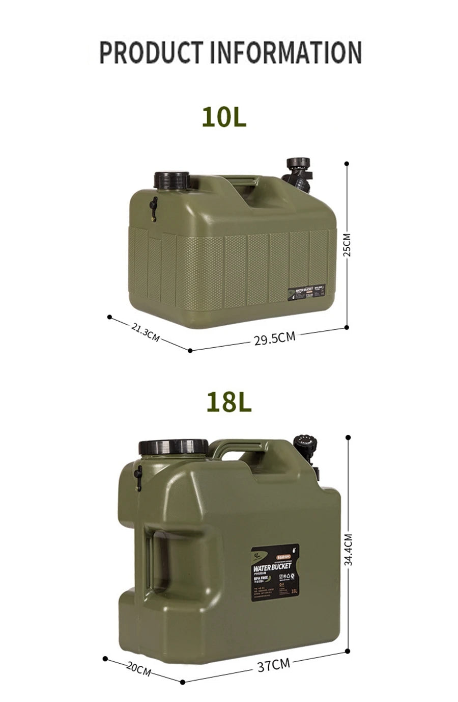 Desert&Fox Water Container with Spigot 10L/18L/25L PE Water Storage Carrier Portable Green Bucket for Camping Hiking Picnic
