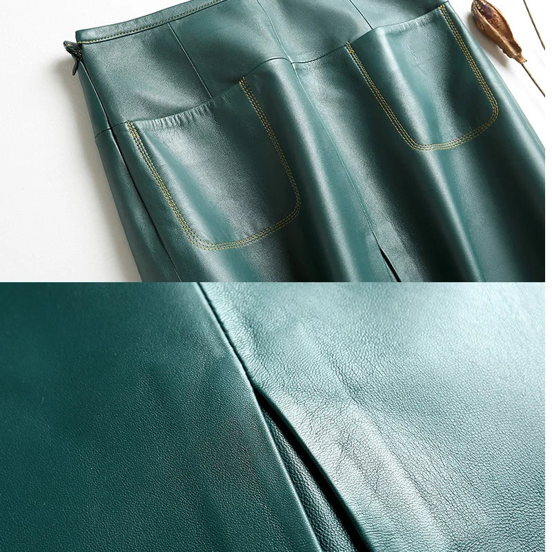 Stylish Women Genuine Leather Skirt Female Slit Pockets Sewing High Waist Jupe Mujer A-line Mid-Length Wine Red/Blue Chic Faldas