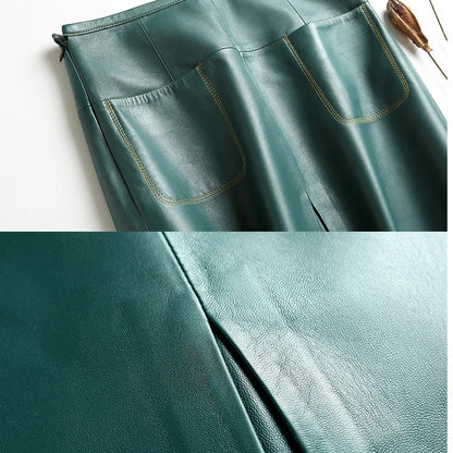 Stylish Women Genuine Leather Skirt Female Slit Pockets Sewing High Waist Jupe Mujer A-line Mid-Length Wine Red/Blue Chic Faldas