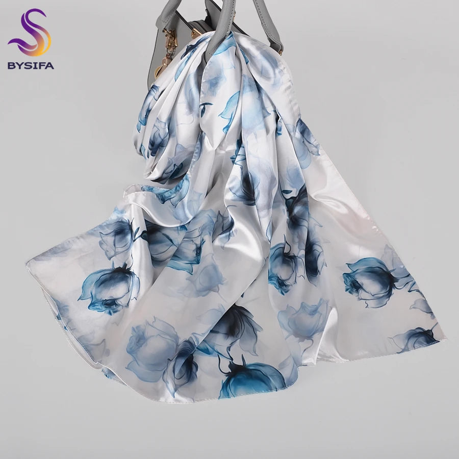[BYSIFA]  Green Blue Ladies Satin Long Silk Scarf Shawl New Fashion Brand Scarves Printed Spring Fall Female Head Scarf 160*70cm