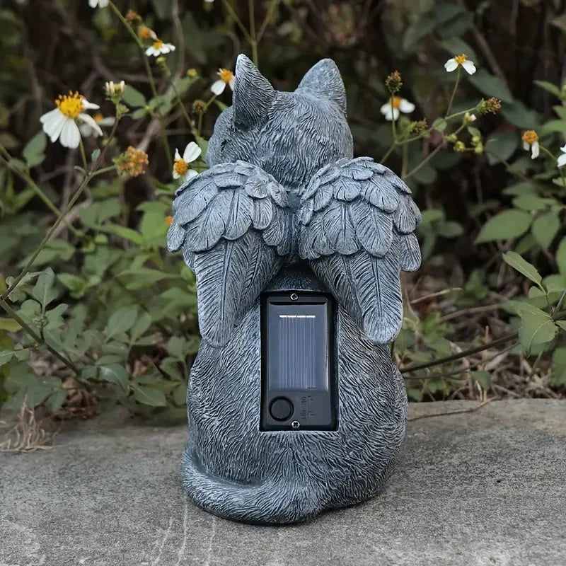 Handcrafted Solar-Powered Cat Angel Grave Marker - Durable Resin Outdoor Memorial Statue with Gray Patina
