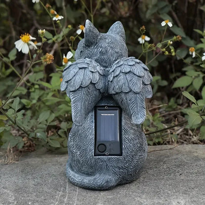 Handcrafted Solar-Powered Cat Angel Grave Marker - Durable Resin Outdoor Memorial Statue with Gray Patina