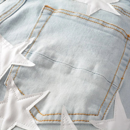 Men's Leather Stars Patches Design Jeans Streetwear Patchwork Ripped Stretch Denim Pants Slim Skinny Pencil Trousers