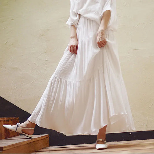 2025 Summer New Women White Long Skirt High Waist Stretch Cotton And Linen Skirts Saia Women A-Line Skirt Faldas Jupe Femme