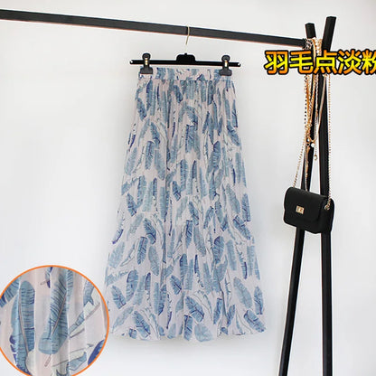 Women Summer Boho Chiffon Long Skirt Elegant Floral Print Pleated Skirts Elastic High Waist Casual Midi Skirt Women Clothes 2021