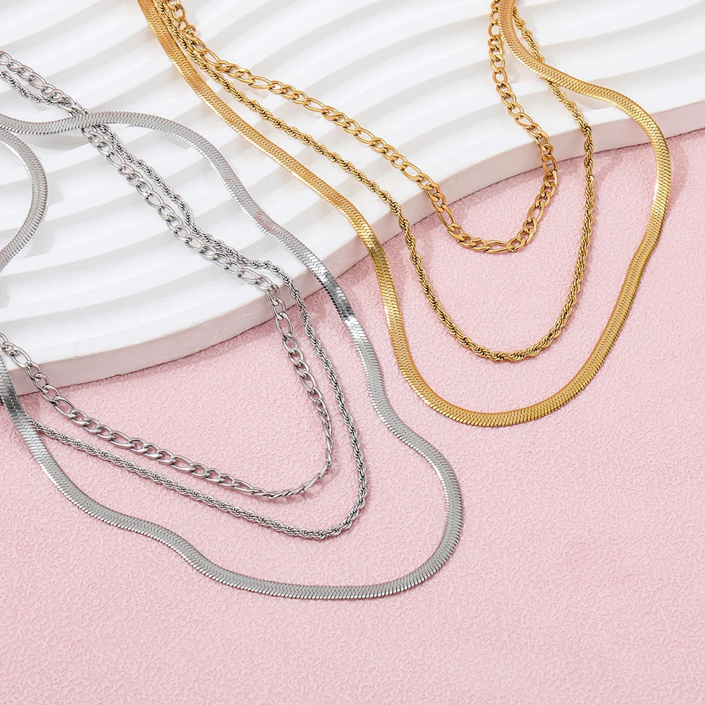 Joolim Jewelry Gold Plated Figaro Chain Rope Chain Snake Chain Three Layer Necklace Stainless Steel Jewelry Wholesale