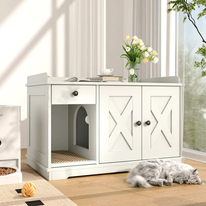 47.25" Large Cat Litter Box Enclosure with LED Light, Hidden Litter Box Furniture, Cat House with Stairs and Cat Scratching Post