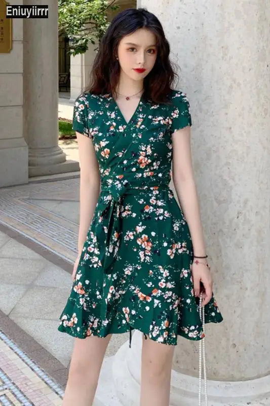 Green Floral Surplice Front Ruffle Hem Dress Women V Neck Short Sleeve Summer Boho High Waist Short A Line Dresses