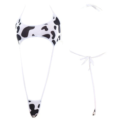 Women Cute Milk Cow Print Bikini Bodysuit Sexy Halter Backless Cutout Micro Jumpsuit Strappy Erotic Cosplay Lingerie Swimsuit